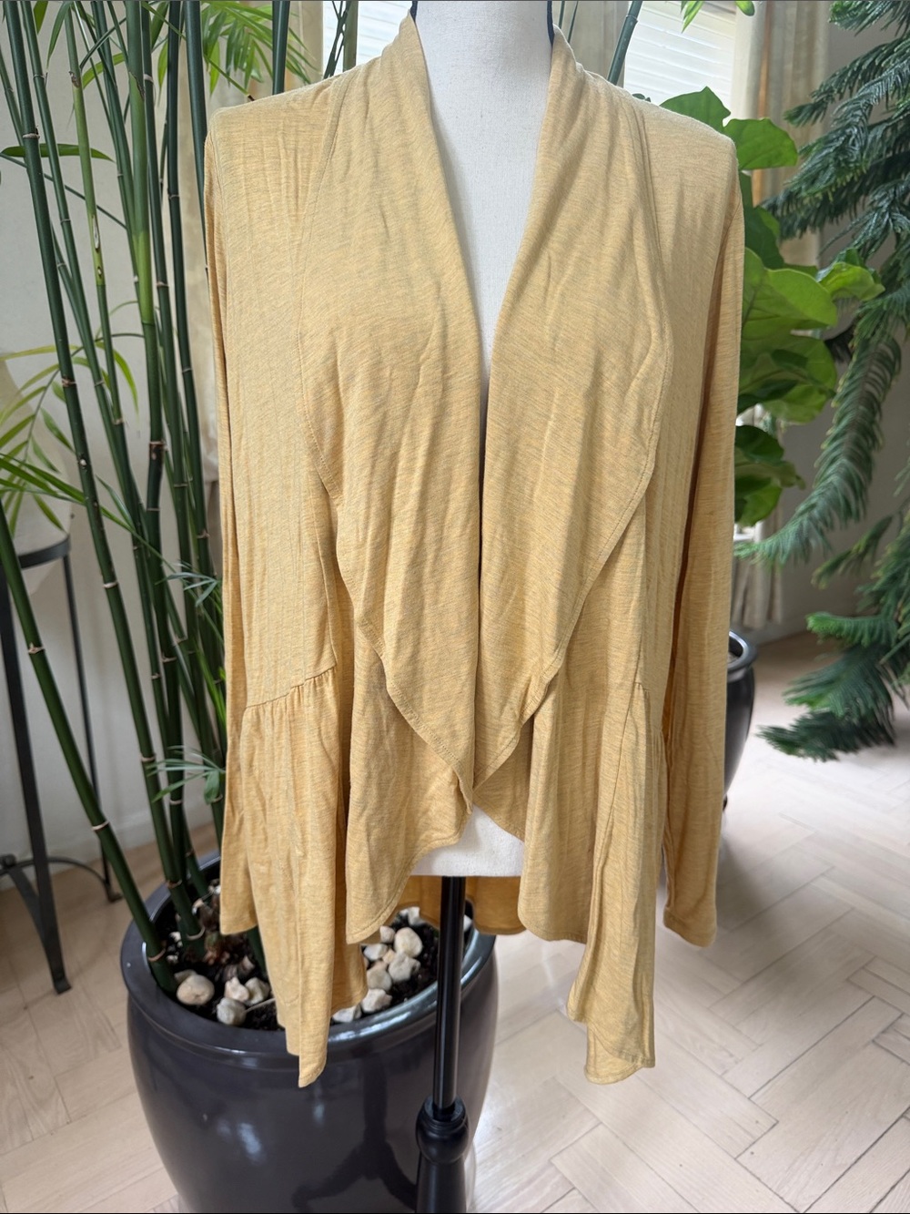 LOGO by Lori Goldstein Mustard Open-Front Draped Cardigan